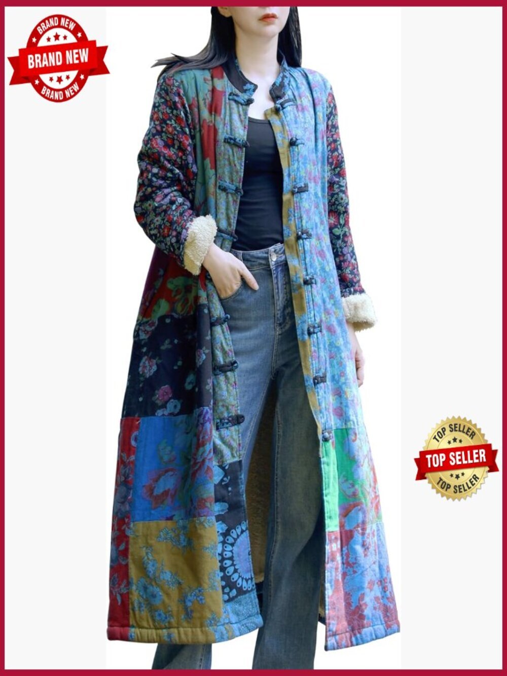 Women's Floral Patchwork Trench Coat Cotton Linen Duster Boho